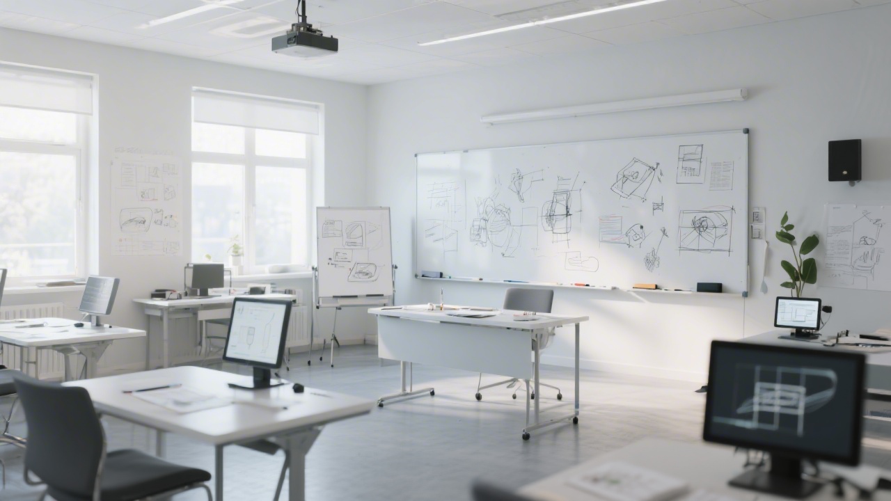 Clean learning studio with large whiteboards, digital design sketches, and bright natural light, representing a modern academy environment focused on clarity and precision.