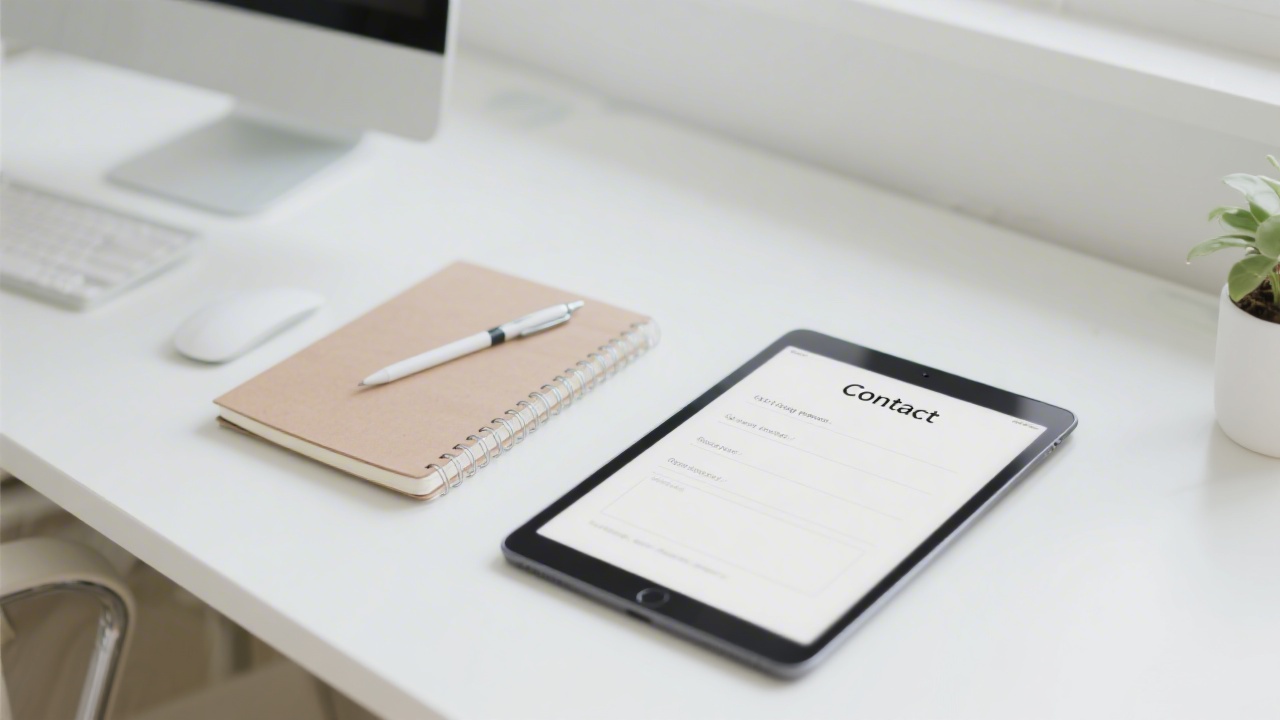 Bright office desk with a notebook, pen, and tablet showing a clean contact form layout, indicating open communication and organized inquiries.