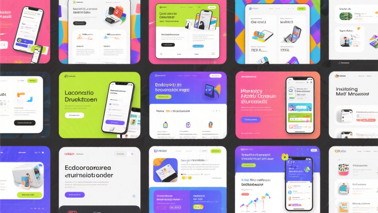 Set of bright interface mockups arranged on a grid, showcasing product screens, landing pages, and typography samples for educational curriculum demonstration.