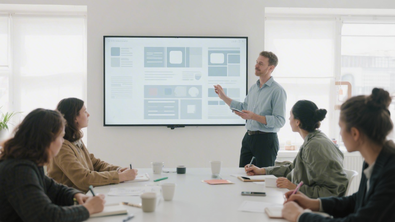 Small group workshop with a facilitator presenting clean UI layouts on a large screen, while participants take notes in a bright and open room.