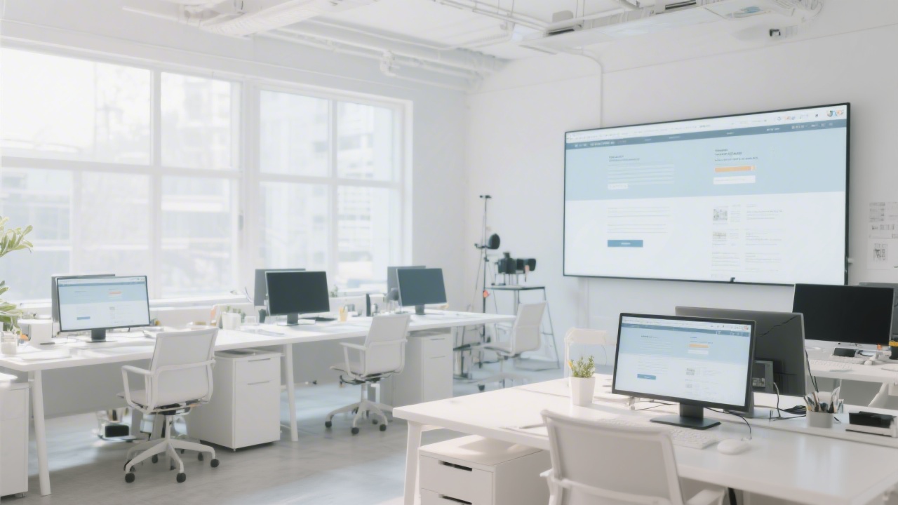 Bright studio workspace with large monitors displaying airy web layouts, white desks, and soft daylight, conveying a clean environment for learning modern digital interface design.