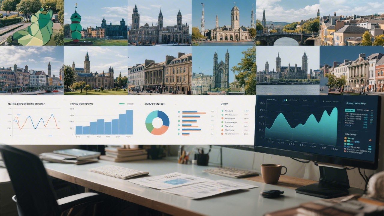 Collage of Ireland cityscapes and digital analytics charts on a desk, representing research into regional digital market behavior and interface preferences.