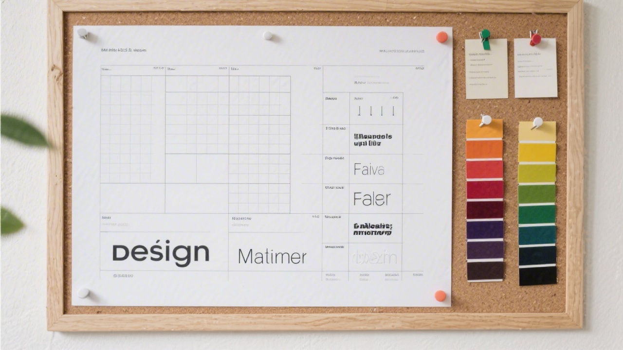 Design planning board showing simple grid layouts, typography samples, and color swatches pinned neatly, illustrating a thoughtful and systematic design process.