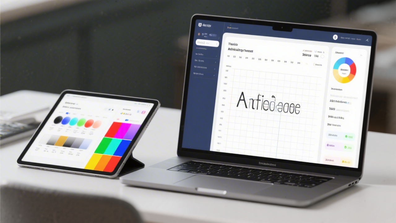 Laptop and tablet showing interface grids, typography scales, and color swatches, representing the digital tools and structured design frameworks used in training.